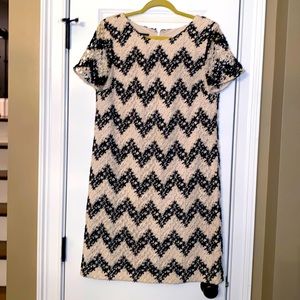 Talbots size 6 black and cream chevron dress.  Lined body. Falls just below knee
